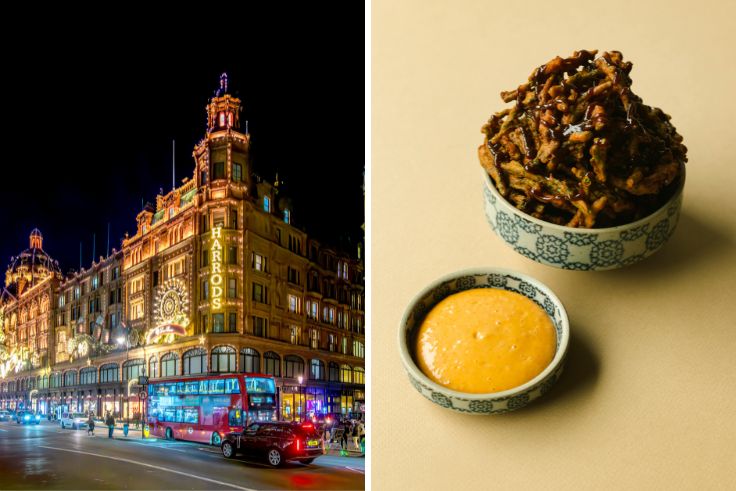 Luxury department store Harrods and samphire pakoras from Bib Gourmand Kricket. © David Taljat/iStock, Sophie Kirk