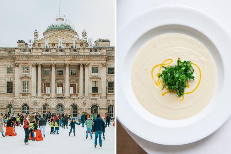 People ice skating at Somerset House and a dish from Spring, the historic building's on-site restaurant. © serts/iStock, Great British Chefs