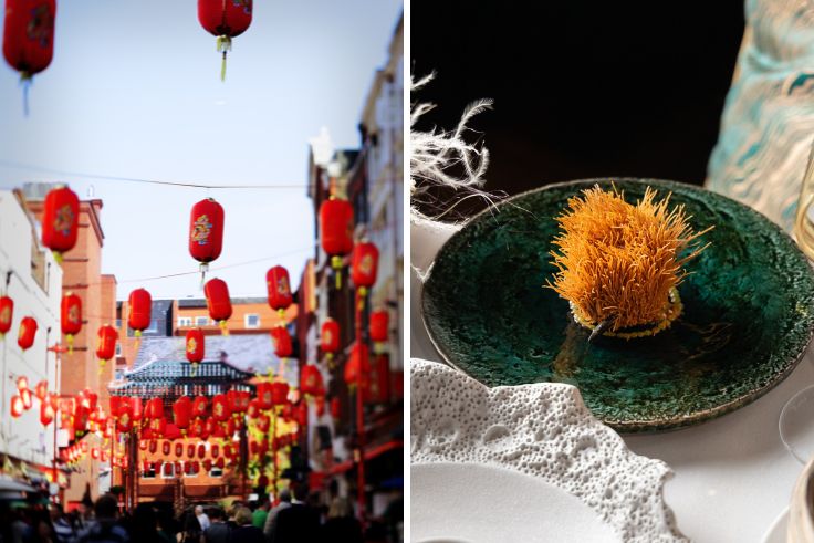 Lanterns in London's Chinatown and a typically eye-catching dish from A. Wong. © CaroleGomez/iStock, A. Wong