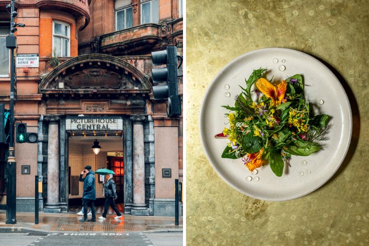 Picturehouse Central, one of London's best cinemas, and a verdant plate from the nearby Evelyn's Table. © Alena Kravchenko/iStock, ely bsc photography
