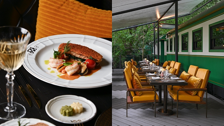 Fine dining aboard a restored railway carriage, inspired by the Orient Express. (© Poirot)