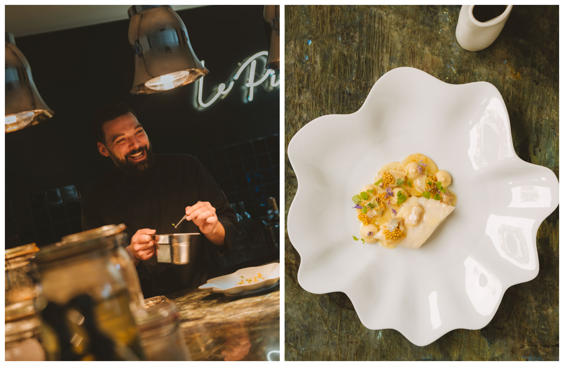 Chef Xavier Pincemin and one of his seasonal dishes served at Pincemin restaurant in Versailles. © Joann Pai/The MICHELIN Guide