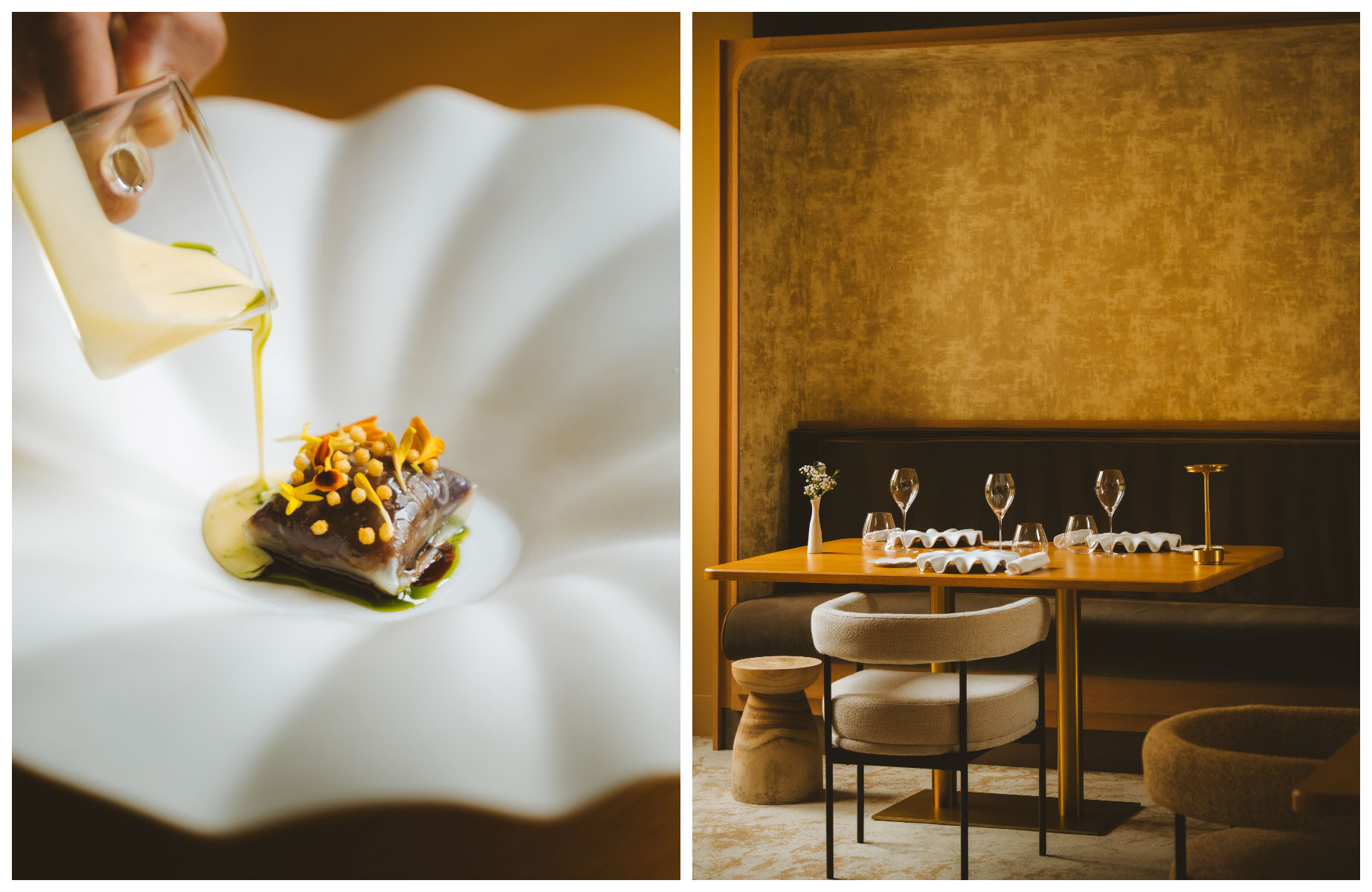 Dish and interior of La Table du 11 restaurant.  © Joann Pai/The MICHELIN Guide