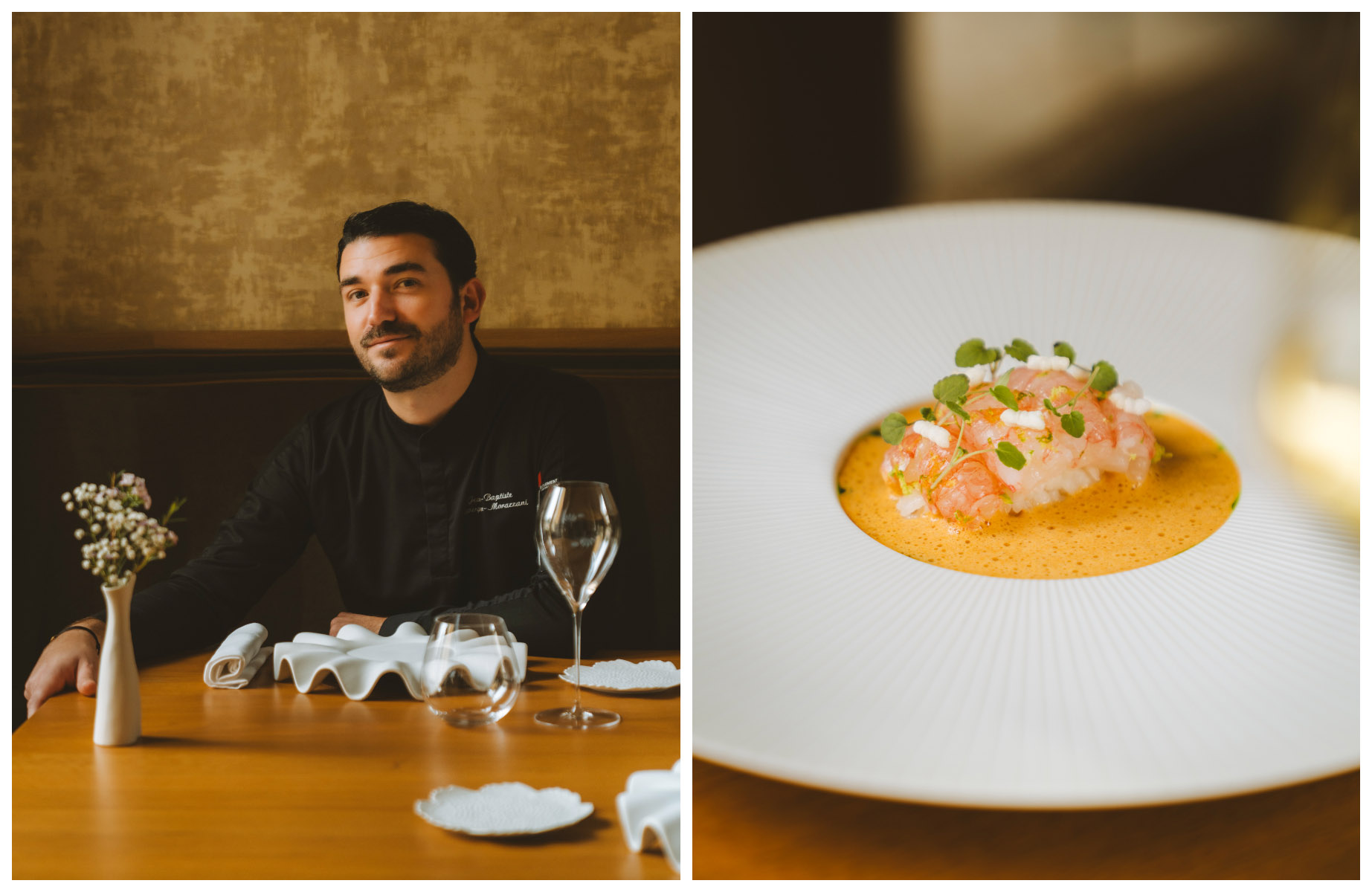 Chef Jean-Baptiste Lavergne-Morazzini and one of his dishes from La Table du 11 restaurant. © Joann Pai/The MICHELIN Guide