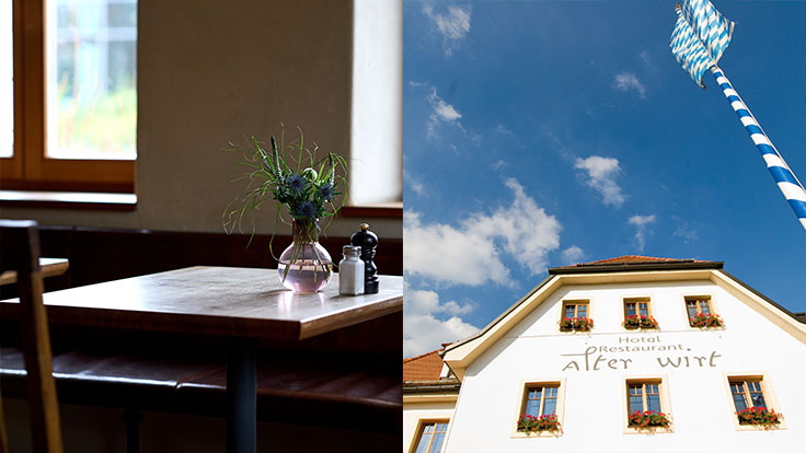Alter Wirt Gastraum und Fassade © Annette Sandner (l.) / Alter Wirt (r.)