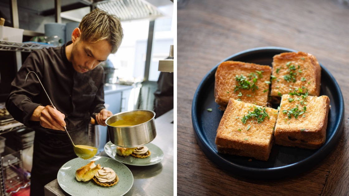 Le chef Manabu Sato en plein dressage / Les fameux croques façon 'bourguignon' © Nathalia Guimarães
