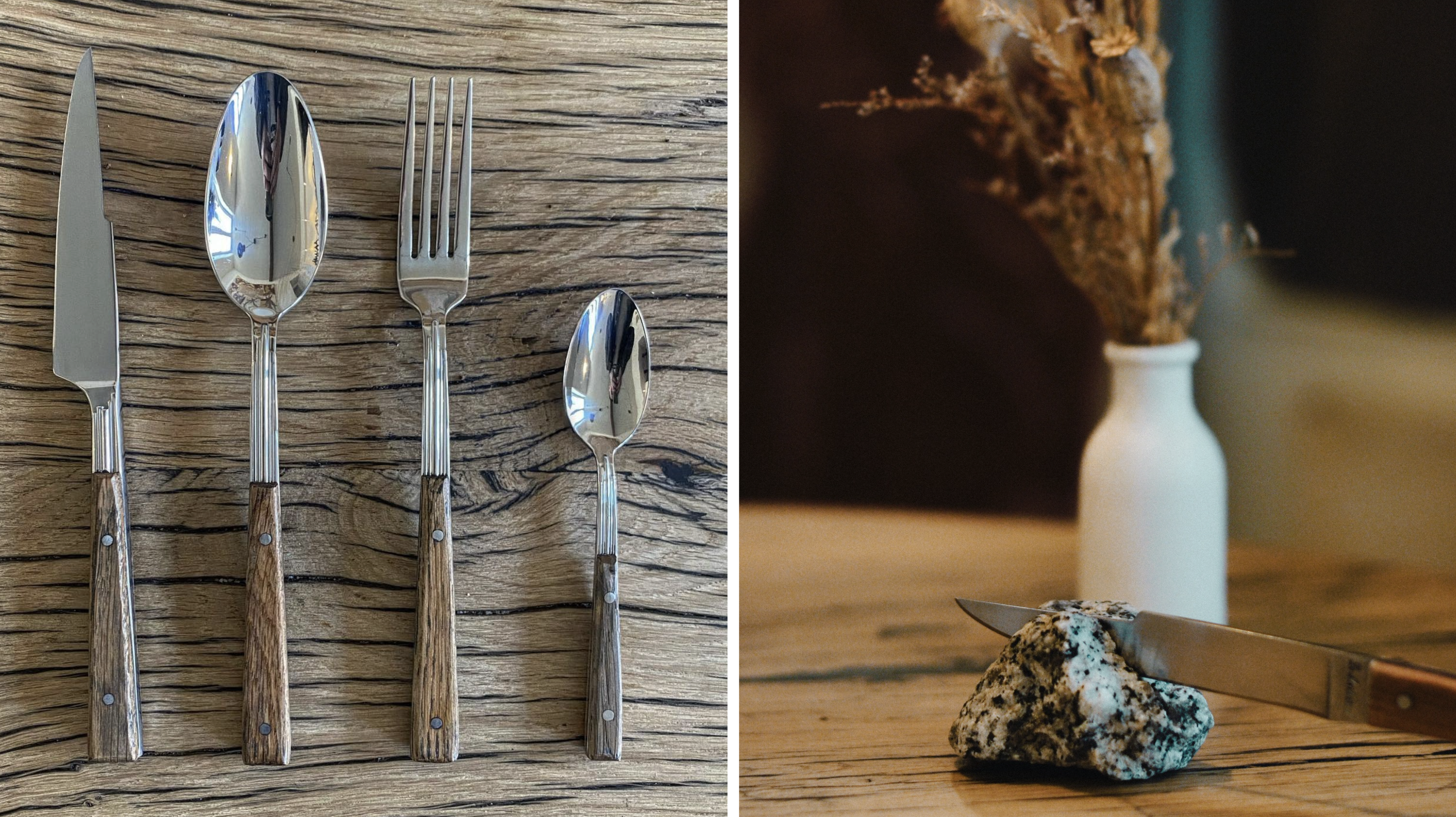 Chez Osma : les couverts de L'Astelle-Montmirail et un porte-couteau minéral © Manon Tagand