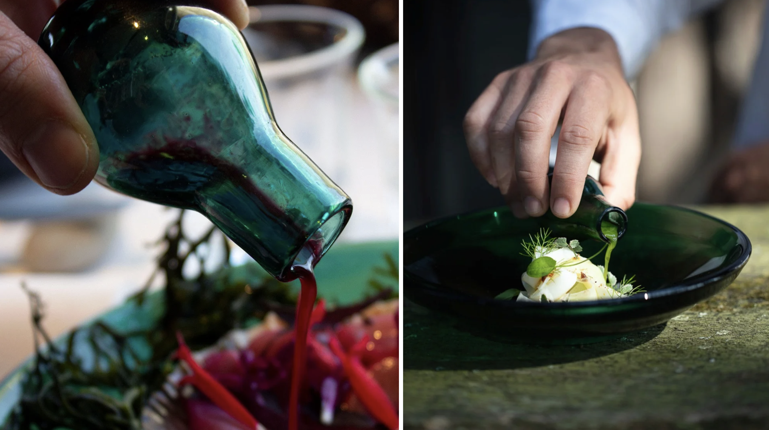 Dans son restaurant Le Coquillage, le cuisinier Hugo Roellinger utilise le Glaz, géoverre marin créé par la designer Lucile Viaud © Atelier Lucile Viaud
