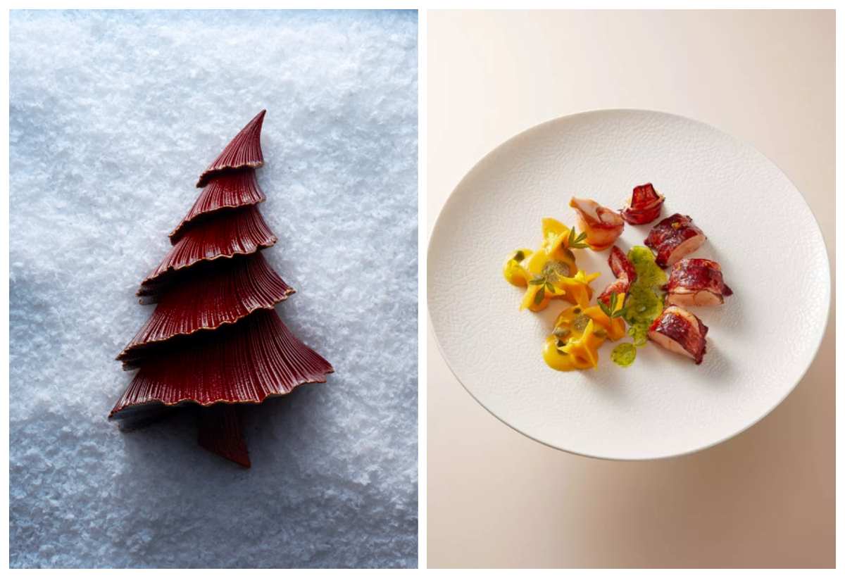 Pastry Chef Maxence Barbot's Christmas-tree shaped bûche, and a lobster starter at the hotel's Three-Star Epicure restaurant. © Le Bristol