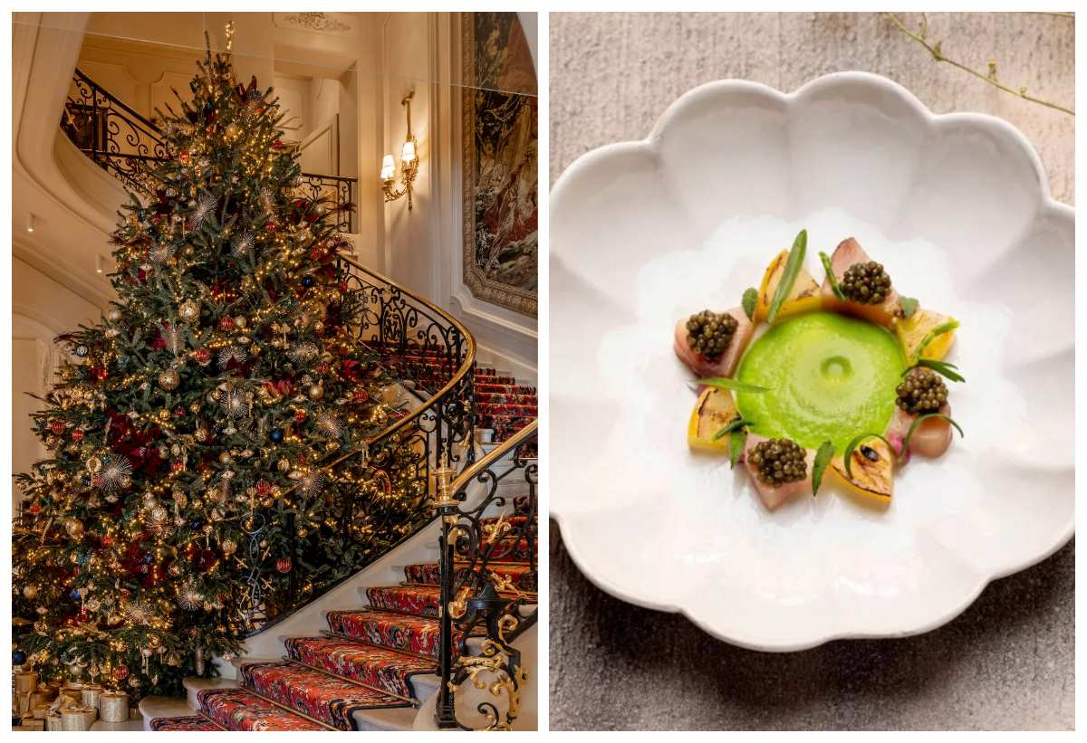 The Ritz Paris' iconic Christmas tree by the grand staircase, and a festive seafood starter at the hotel's One-Star restaurant Espadon. © Ritz Paris