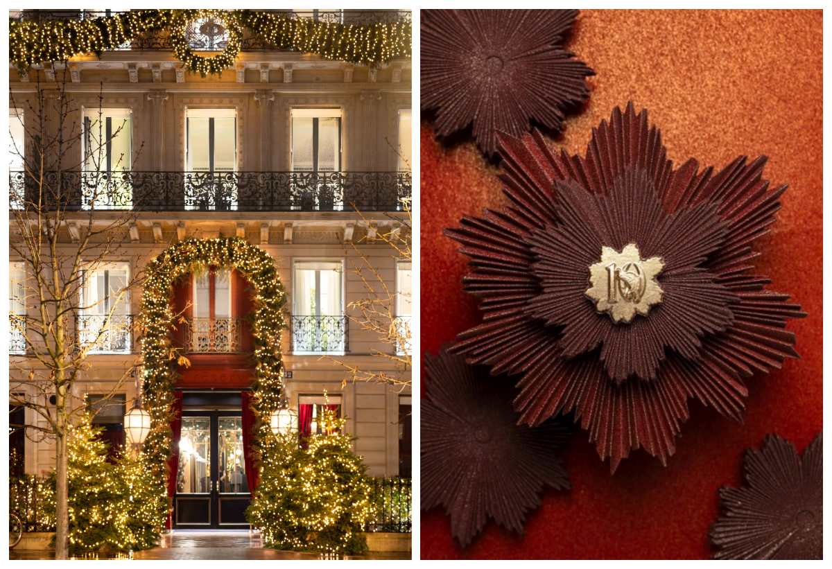La Réserve Paris hotels' red front door decked out in Christmas lights, and Pastry Chef Jordan Talbot's bûche. © La Réserve Paris