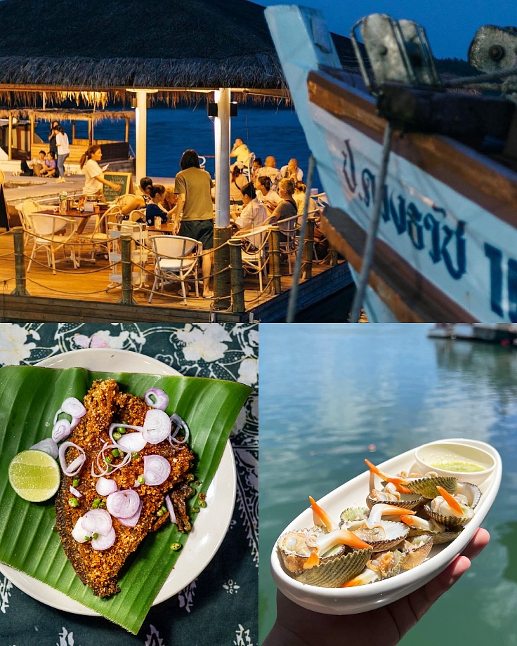 Krachang Khao Lak, a seafood-forward restaurant serving fresh, mostly live catch in à la carte dishes, and Dear Phangan, an open-air eatery in Surat Thani. (Krachang Khao Lak, The MICHELIN Guide)