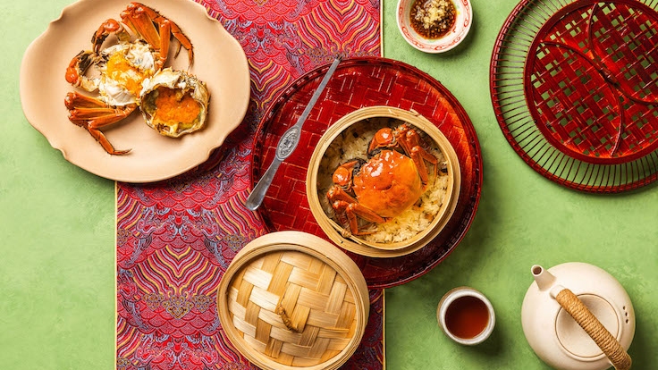 Steamed Hairy Crab with Glutinous Rice, served in a bamboo basket at Min Jiang at Dempsey (©Min Jiang at Dempsey)