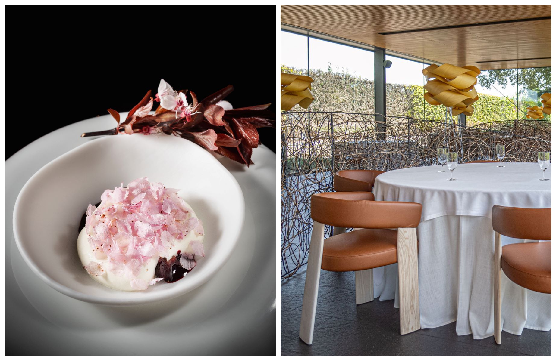 Cerezas y almendra, un postre de La Boscana, y el elegante comedor del restaurante, con vistas a los jardines. © Izquierda: Oriol Caru/La Boscana. / Derecha: Alexandra Balaguer/La Boscana