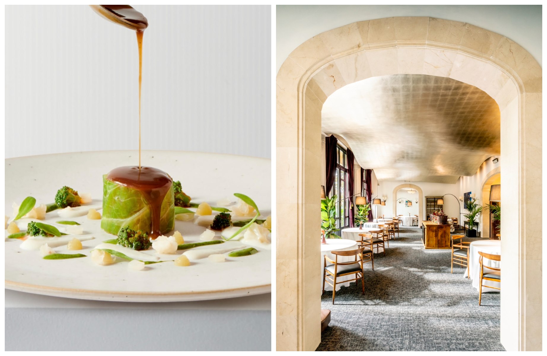 El refinamiento gastronómico de Aleia y su elegante comedor, ubicado en la primera planta del Hotel Cara Fuster. © Izquierda: Marian Guma / Aleia/Aleia. / Derecha: Aleia