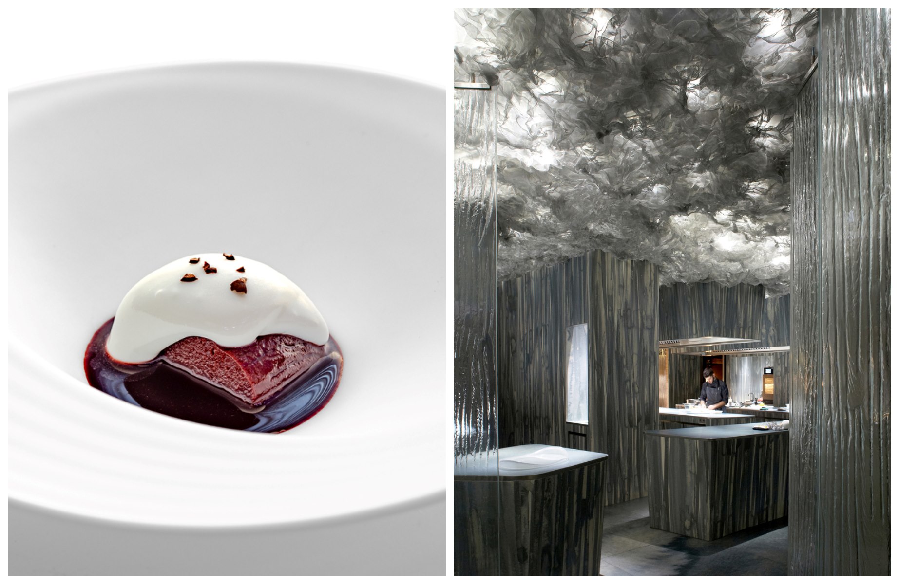 Diferentes texturas sobre la mesa del restaurante Enigma y sus interiores futuristas. © Izquierda: Moisés Torné/Enigma. / Derecha: Pepo Segura/Enigma