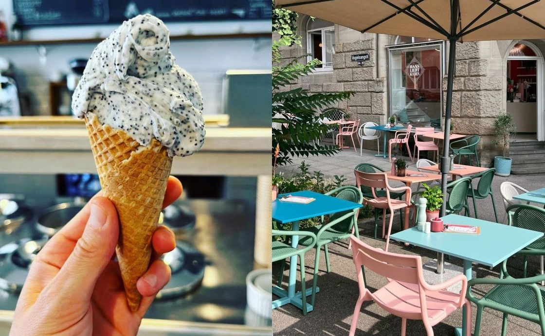 Eis in der Eiswerkstatt (© Eiswerkstatt) und Terrasse des Cafés Hans liebt Kuchen (© Hans liebt Kuchen)