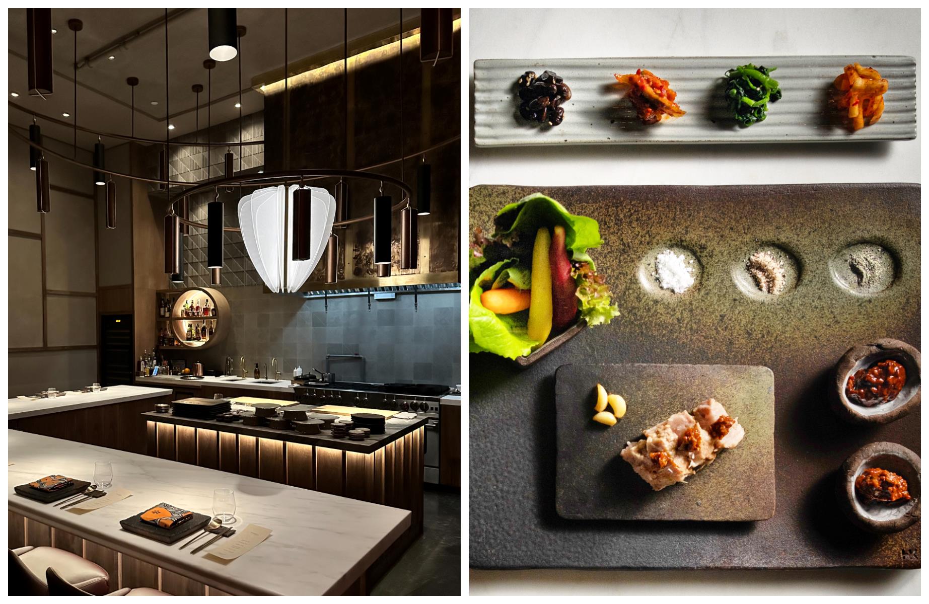 At Meju, the chef’s counter is set in a spacious dining room with high ceilings and a striking artistic light above the open kitchen © (Left) Sean / (Right) Diane Kang/Meju