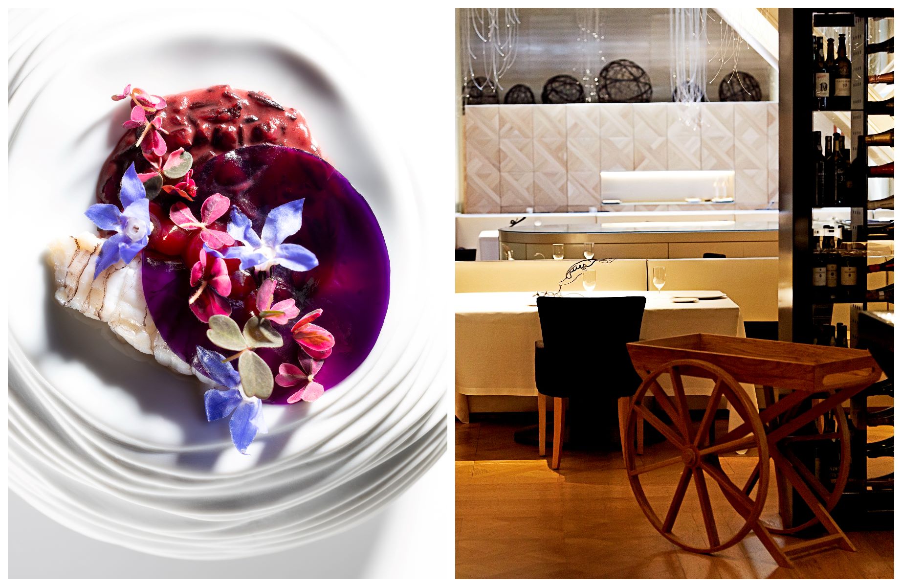 At Lasarte, the Il Milione experience transforms the former chef’s table into a sensory journey, where Paolo Casagrande showcases his creations in a avant-garde setting. © (Left) Carlos Allende/Lasarte / (Right) Lasarte