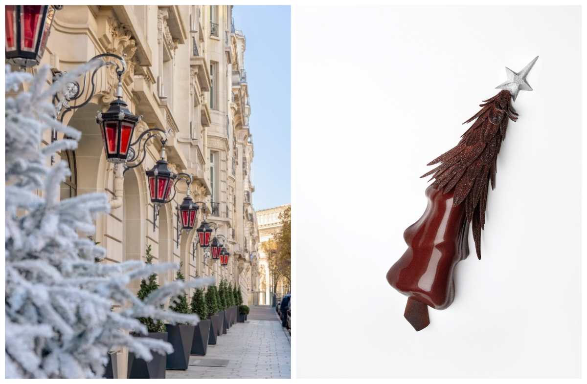 Down the street from the Arc de Triomphe means guests get frontrow seats to the New Year's Eve fireworks, and the sculptural chocolate fir tree bûche. © Le Royal Monceau - Raffles Paris