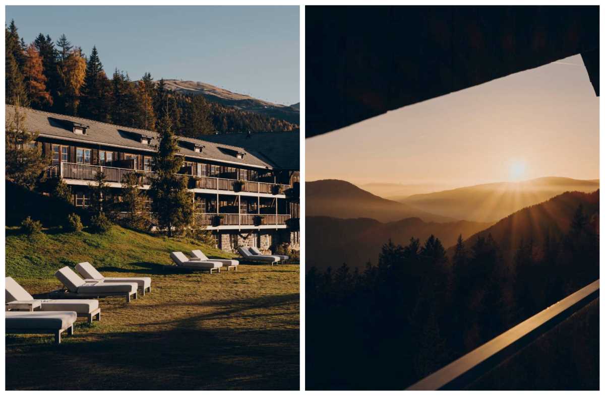 Sun loungers laid out in the garden at Forestis hotel in the Dolomites, and the view from a room at sunrise. © Forestis