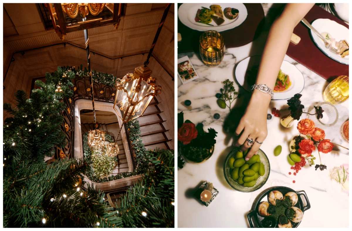 The garlanded staircase at Hôtel de Crillon and a holiday spread of snails and olives to start. © Hôtel de Crillon, a Rosewood Hotel