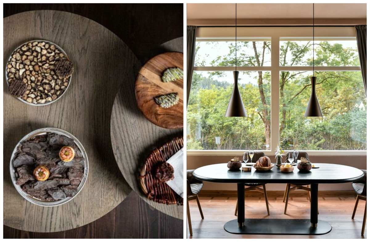 A table and the dining space, bathed in natural light at the Three-Star restaurant Atelier Moessmer Norbert Niederkofler in the Dolomites. © Atelier Moessmer Norbert Niederkofler  