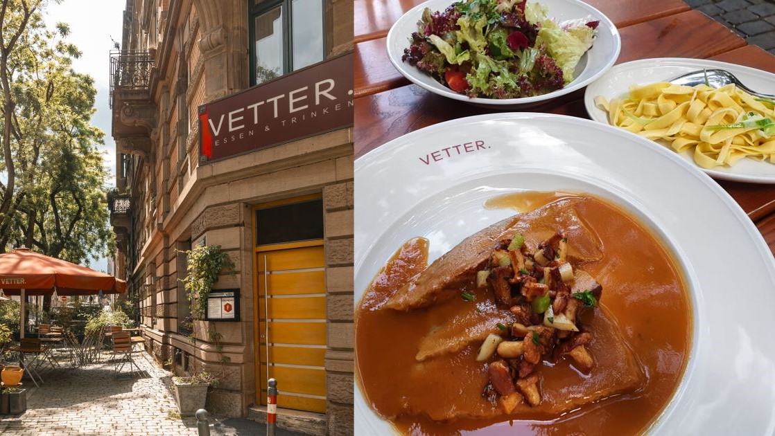 Links - Fassade und Terrasse des Vetter © Sarah Schmidt; Speisen in der Weinstube Vetter © The MICHELIN Guide