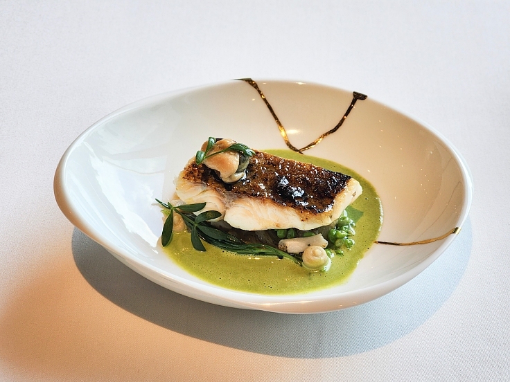 Charcoal Grilled Madai | Clams & Basil Sauce | Razor Clams & Agretti by Cannubi by Umberto Bombana in a One MICHELIN Key hotel Dusit Thani Bangkok. (© The MICHELIN Guide Thailand)