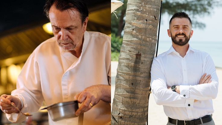 David Thompson — who earned the first MICHELIN Star for Thai cuisine in London and has mentored many of today’s leading Thai chefs and Arsen Brahaj from Albania, winner of the MICHELIN Service Award. (© Anuwat Senivansa Na Ayudhya/The MICHELIN Guide Thailand, Aulis)