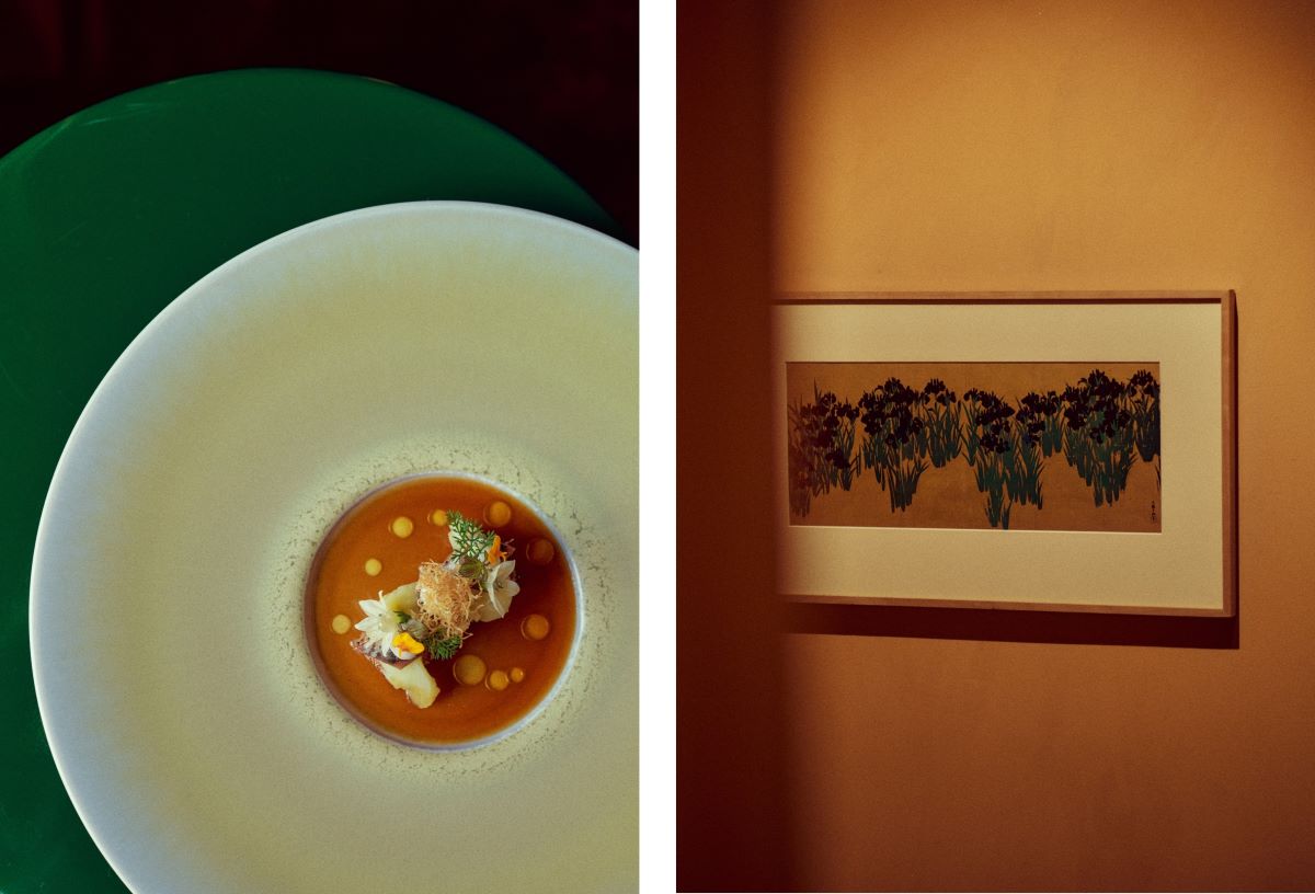 Herrmannsdorfer pork cheek with XO anchovy, eggplant, niboshi and mikan, along with a picture of Japanese irises from the restaurant. © Wim Jansen/The MICHELIN Guide