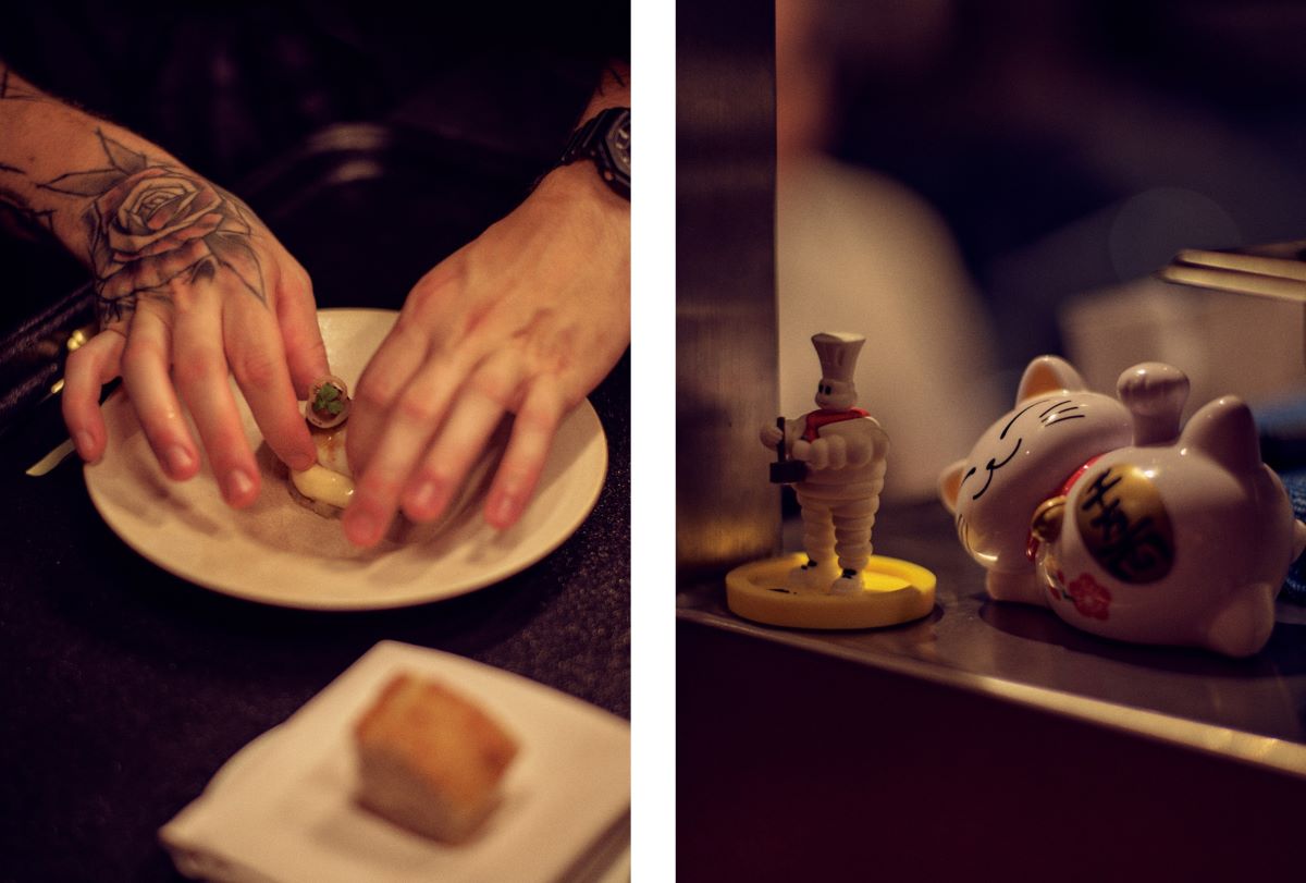 Turbot with tropea onion, pil pil and beurre rouge being carefully plated, plus the "Michelin Man" (Bibendum) in the kitchen. © Wim Jansen/The MICHELIN Guide