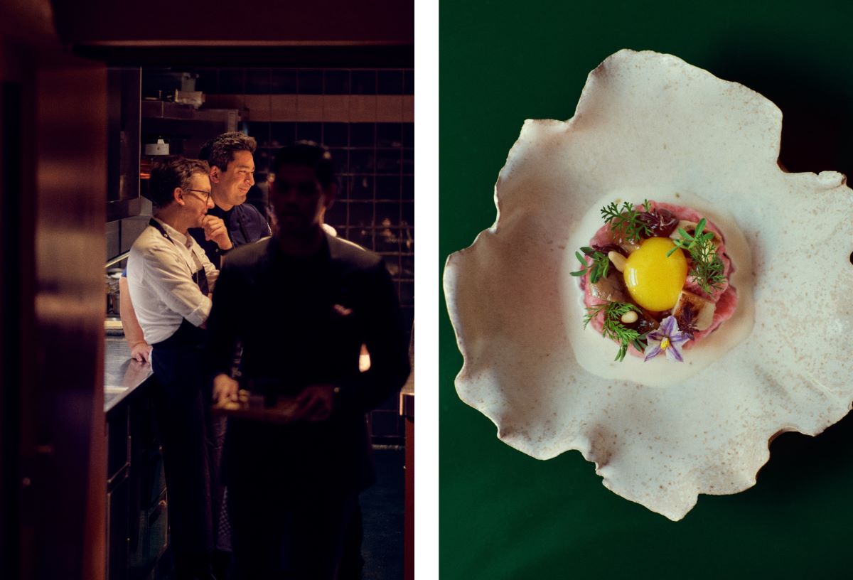 Dominik Schmid and Tohru Nakamura in the kitchen and a dish of Balfegó tuna, Ozaki Wagyu, porcini mushrooms and crème crue. © Wim Jansen/The MICHELIN Guide
