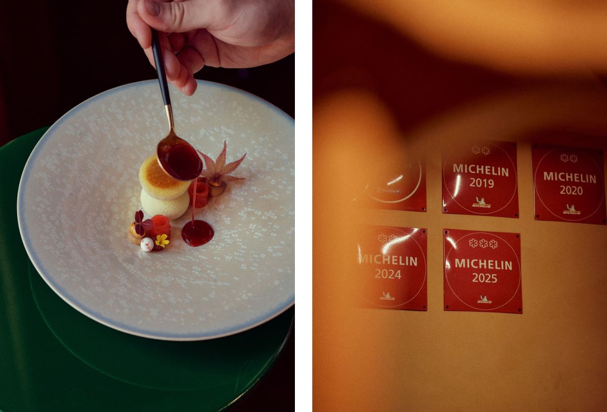Dim sum, plum, Piedmont hazelnut and sobacha, along with MICHELIN Guide plaques including the 2025 awarded of Three MICHELIN Stars. © Wim Jansen/The MICHELIN Guide