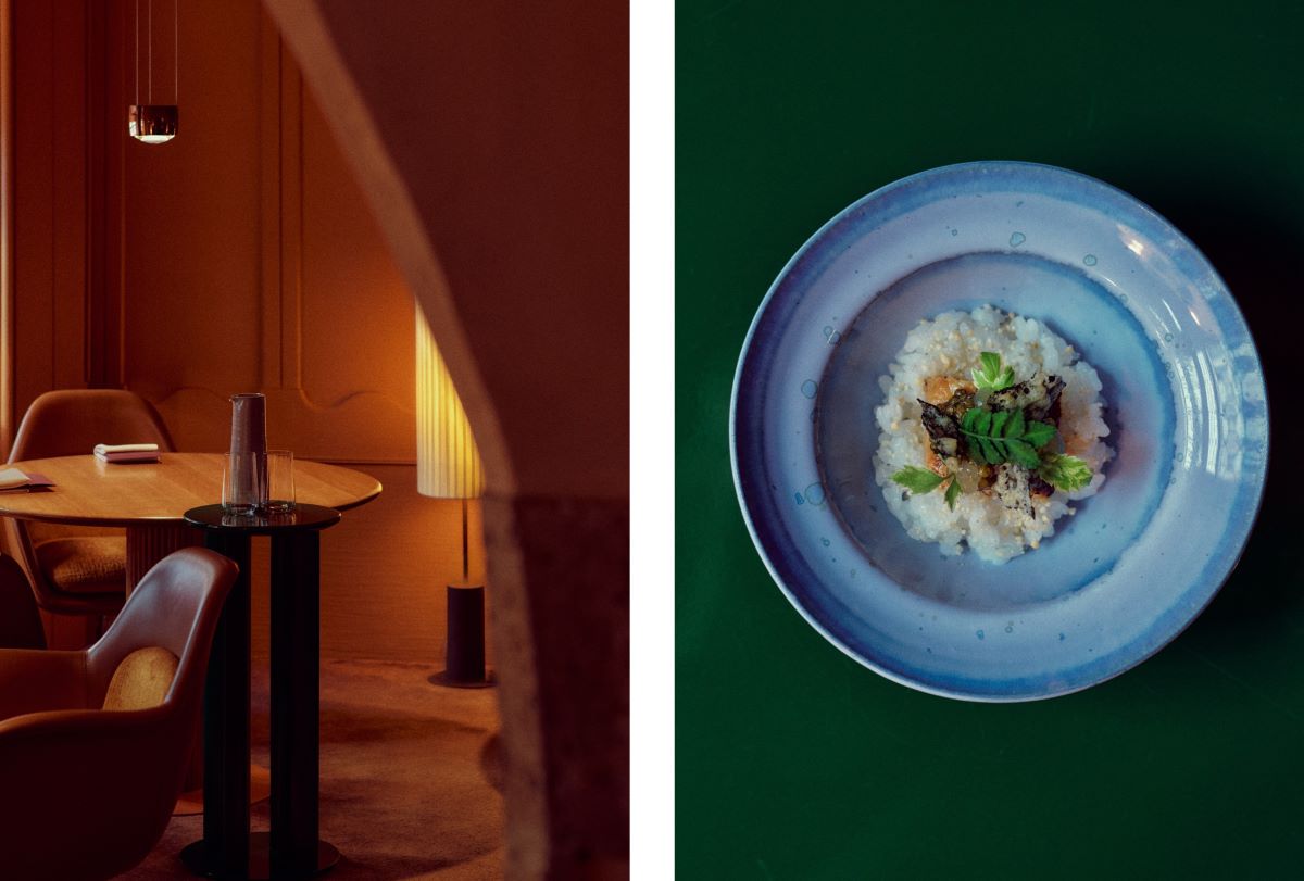 The dining room, designed with exquisite sensibility, just before service and a signature dish of Koshihikari, N25 Oscietra, eel, sansho and shiokoji. © Wim Jansen/The MICHELIN Guide