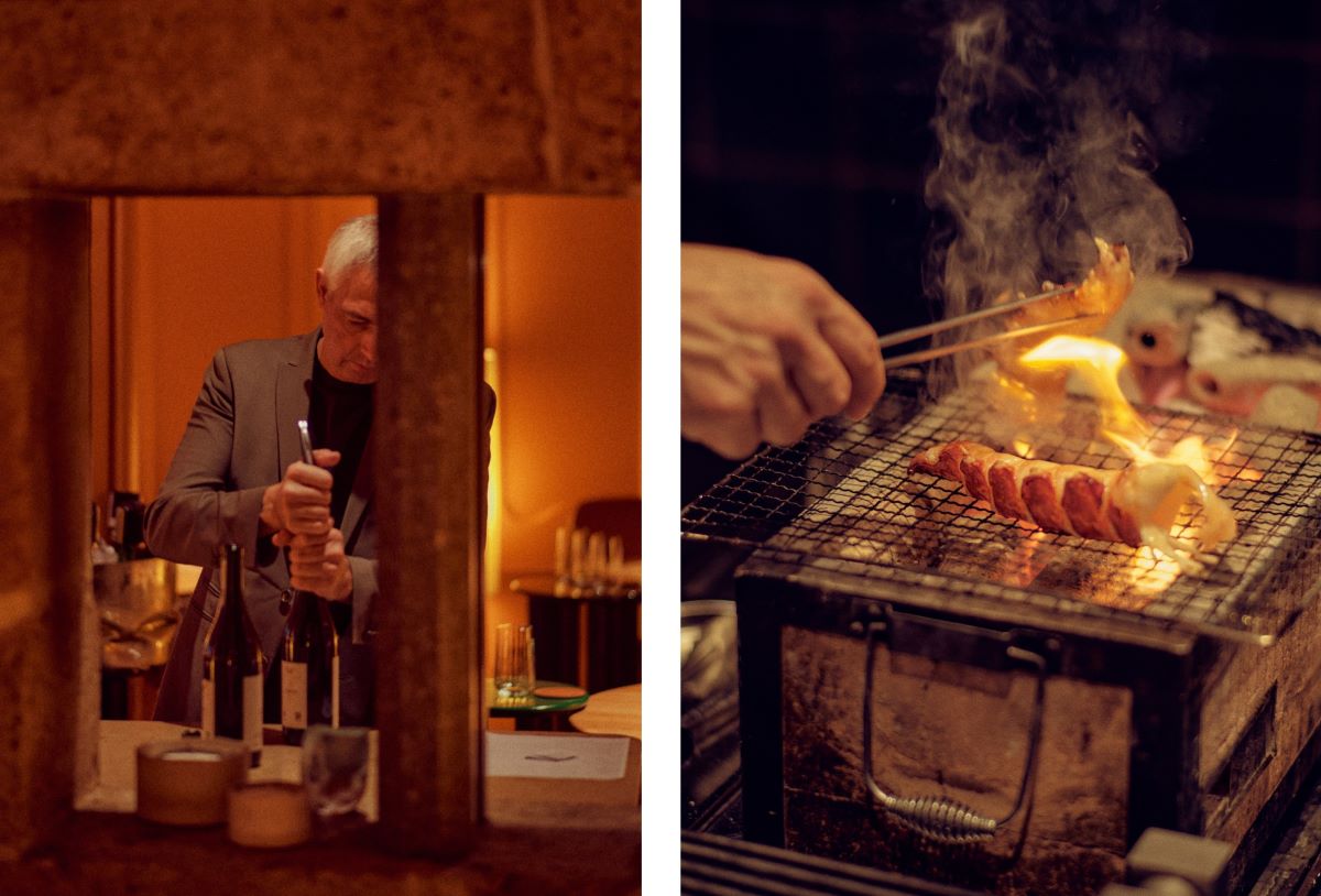 Sommelier Christian Rainer, winner of the MICHELIN Service Award 2021, and Breton lobster being cooked over flames. © Wim Jansen/The MICHELIN Guide