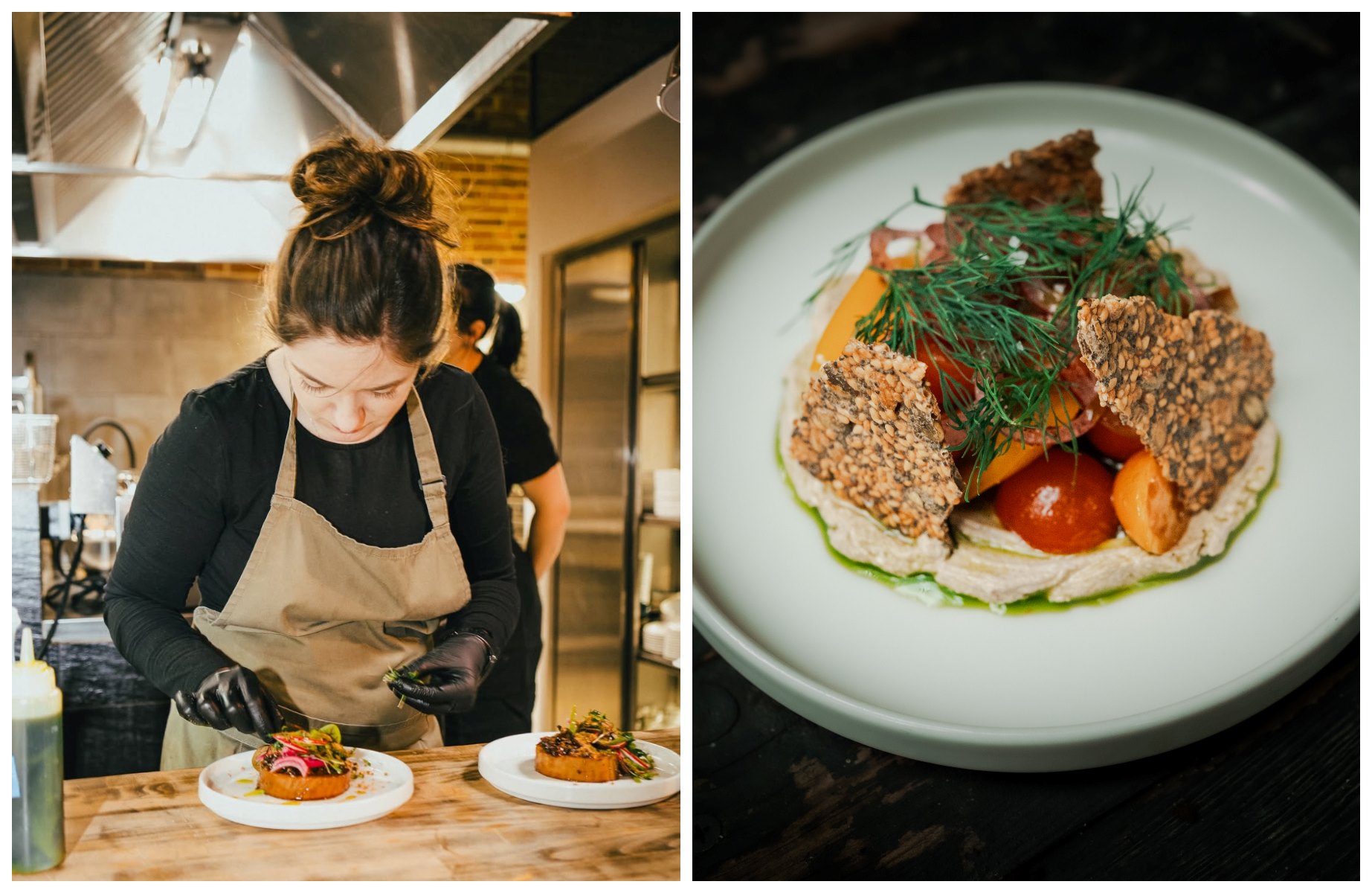 Left: Chef Michelle Średnicki crafting seasonal tasting menus. Right: Tomatoes served on top of a smooth tofu cream with seed crackers © Nafta Neo Bistro