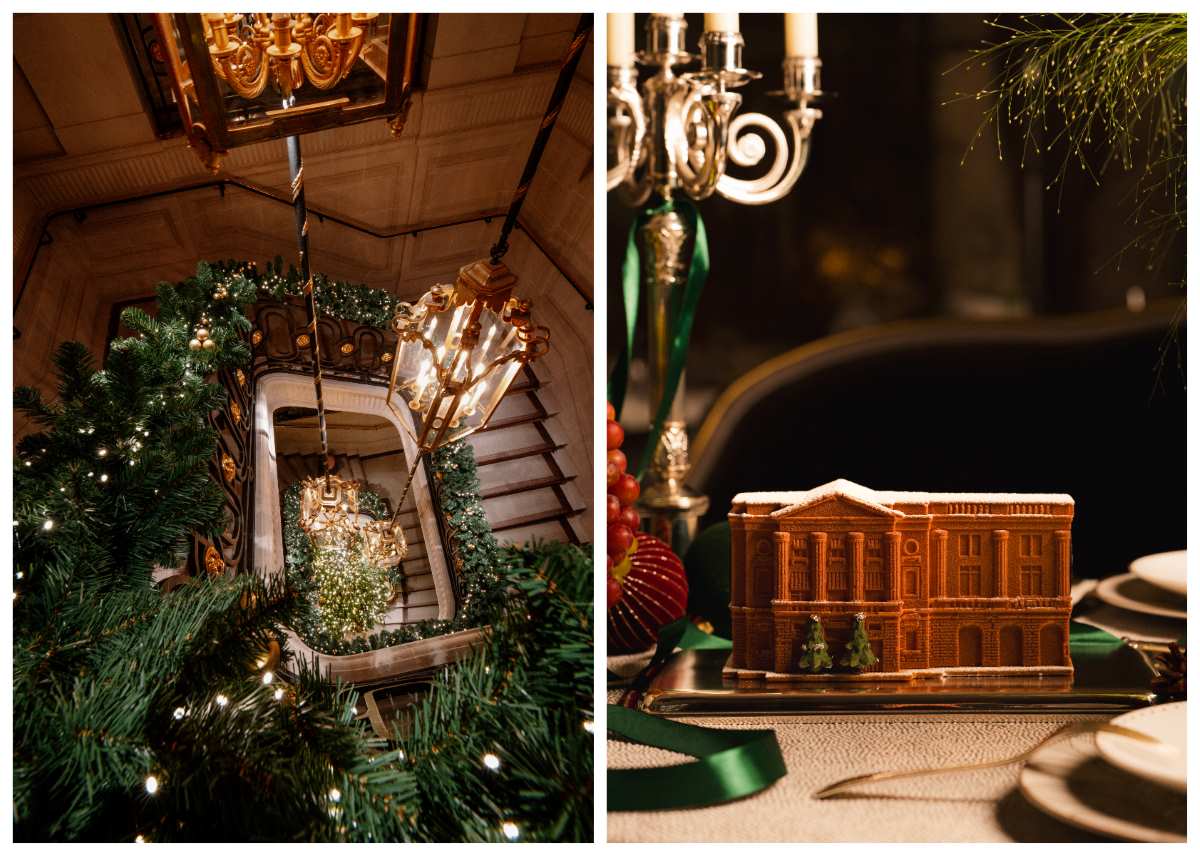 The garlanded staircase at Hôtel de Crillon and Pastry Chef Matthieu Carlin’s inventive bûche shaped to look like the hotel. © Hôtel de Crillon, a Rosewood Hotel