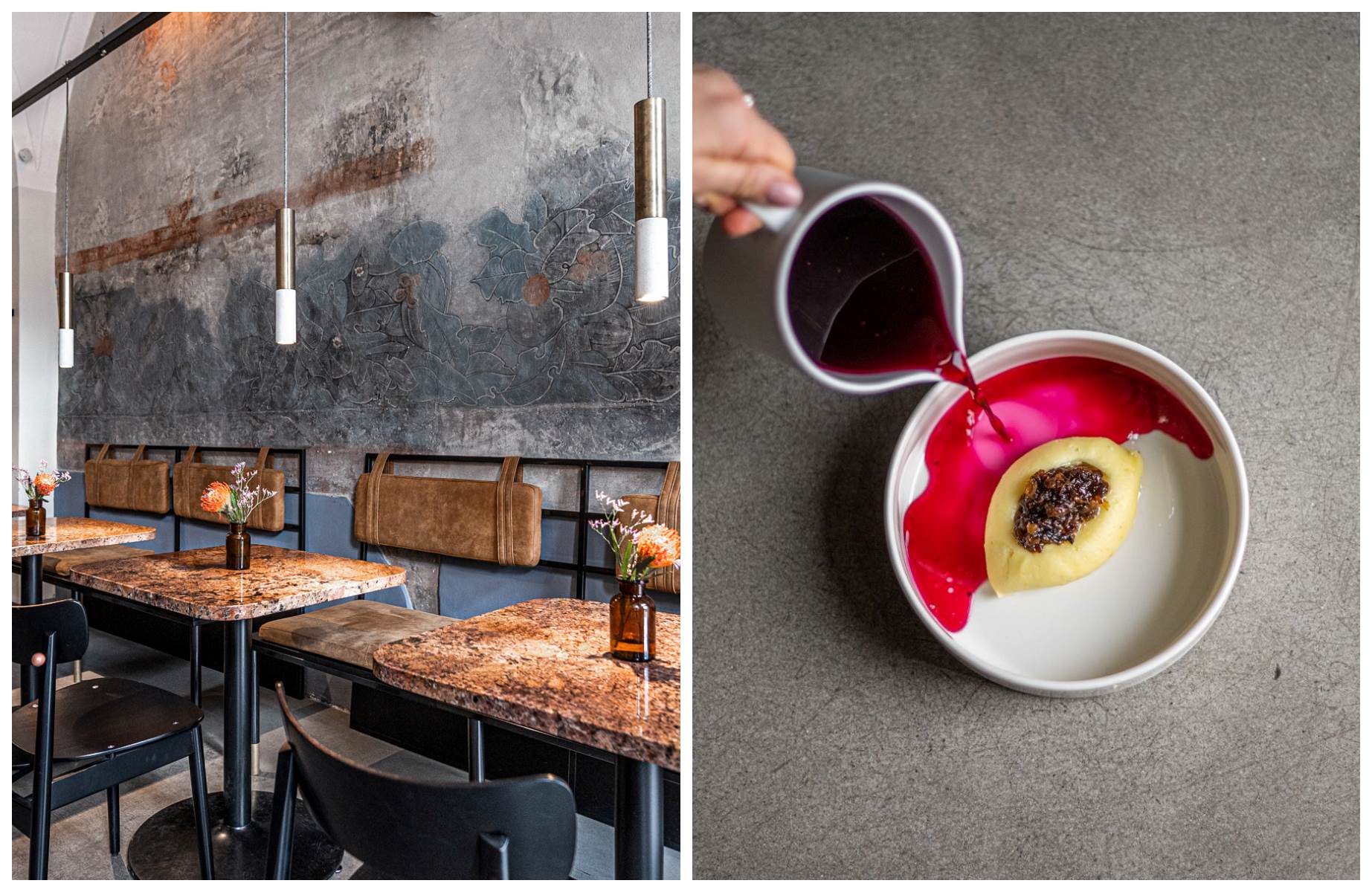 At Młoda Polska in Wrocław, the clear borscht is prepared with fermented beet juice and served with a refined portion of velvety potato purée and gently sautéed onions. © Młoda Polska