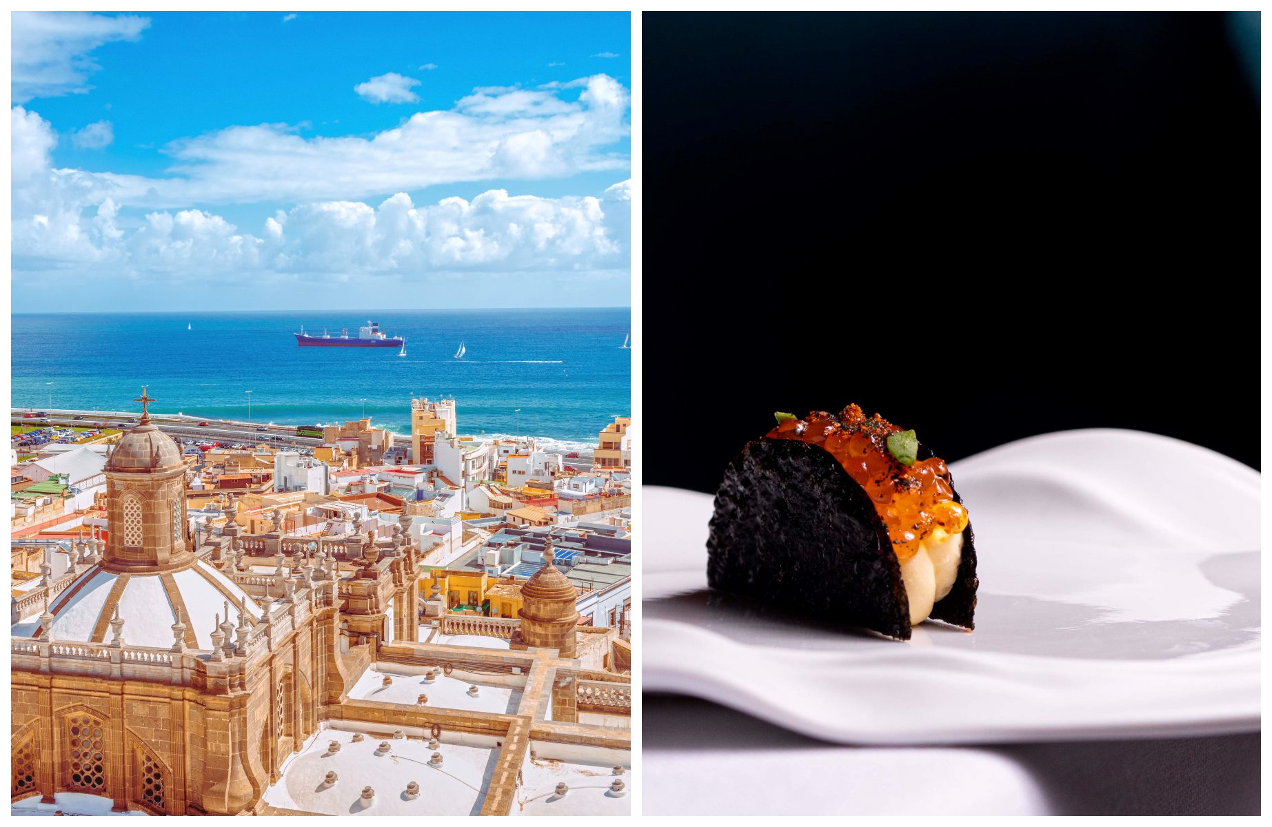 Las vistas al Atlántico desde lo alto de la catedral de Santa Ana, en Las Palmas de Gran Canaria, al lado de la cocina canaria y creativa de Poemas by Hermanos Padrón. © Izquierda: Juergen Sack/iStock / Derecha: Poemas by Hermanos Padrón