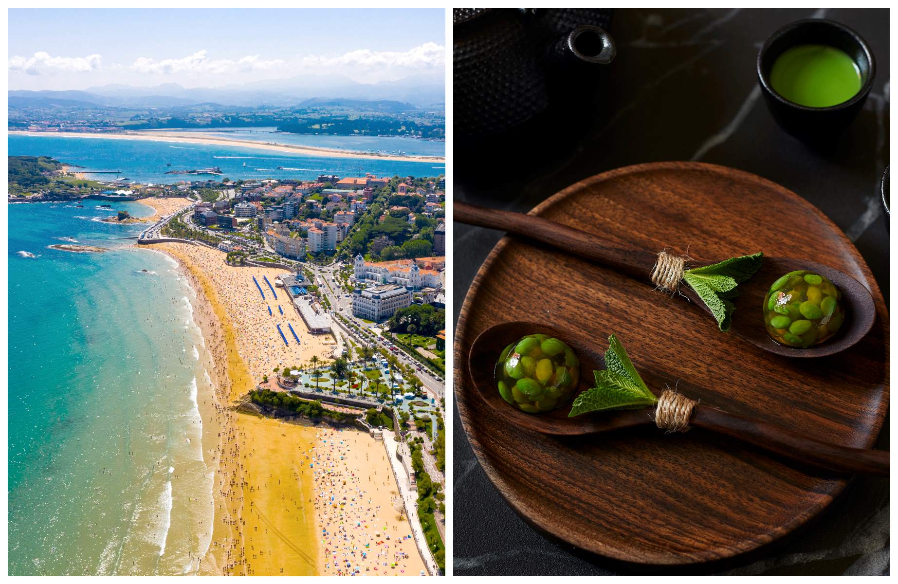 La costa siempre atractiva de Santander, y los sabores de raíz del restaurante Cenador de Amós, con tres Estrellas MICHELIN. © Izquierda: JackF/iStock / Derecha: Javier Salas/Cenador de Amós 