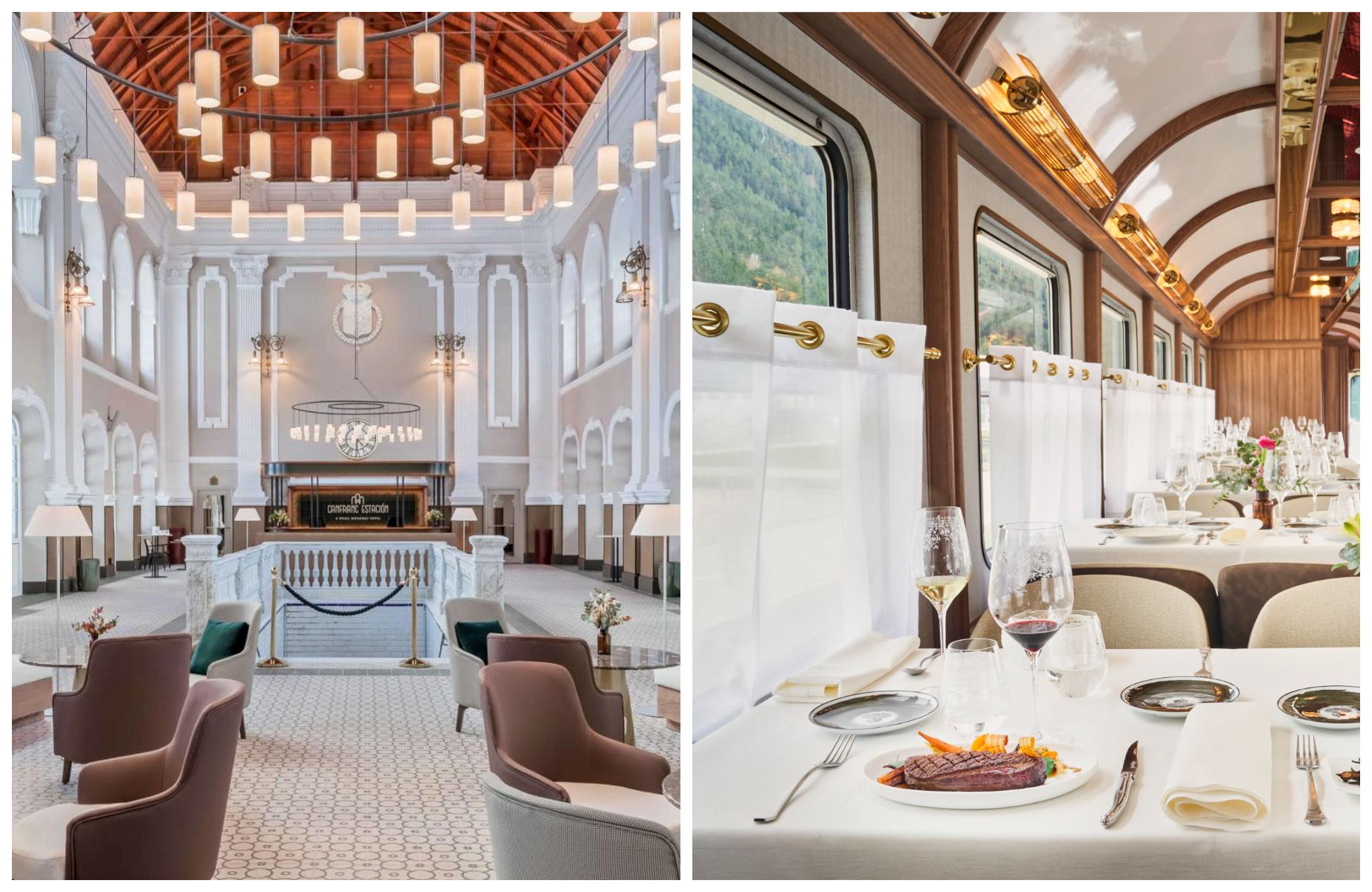 El hotel Canfranc Estación, a Royal Hideaway Hotel (a la izquierda), su restaurante con una Estrella MICHELIN (a la derecha), y su entorno son una invitación a viajar a la época dorada de los trenes y a aventurarse por las pistas de esquí cercanas. © Canfranc Estación, a Royal Hideaway Hotel