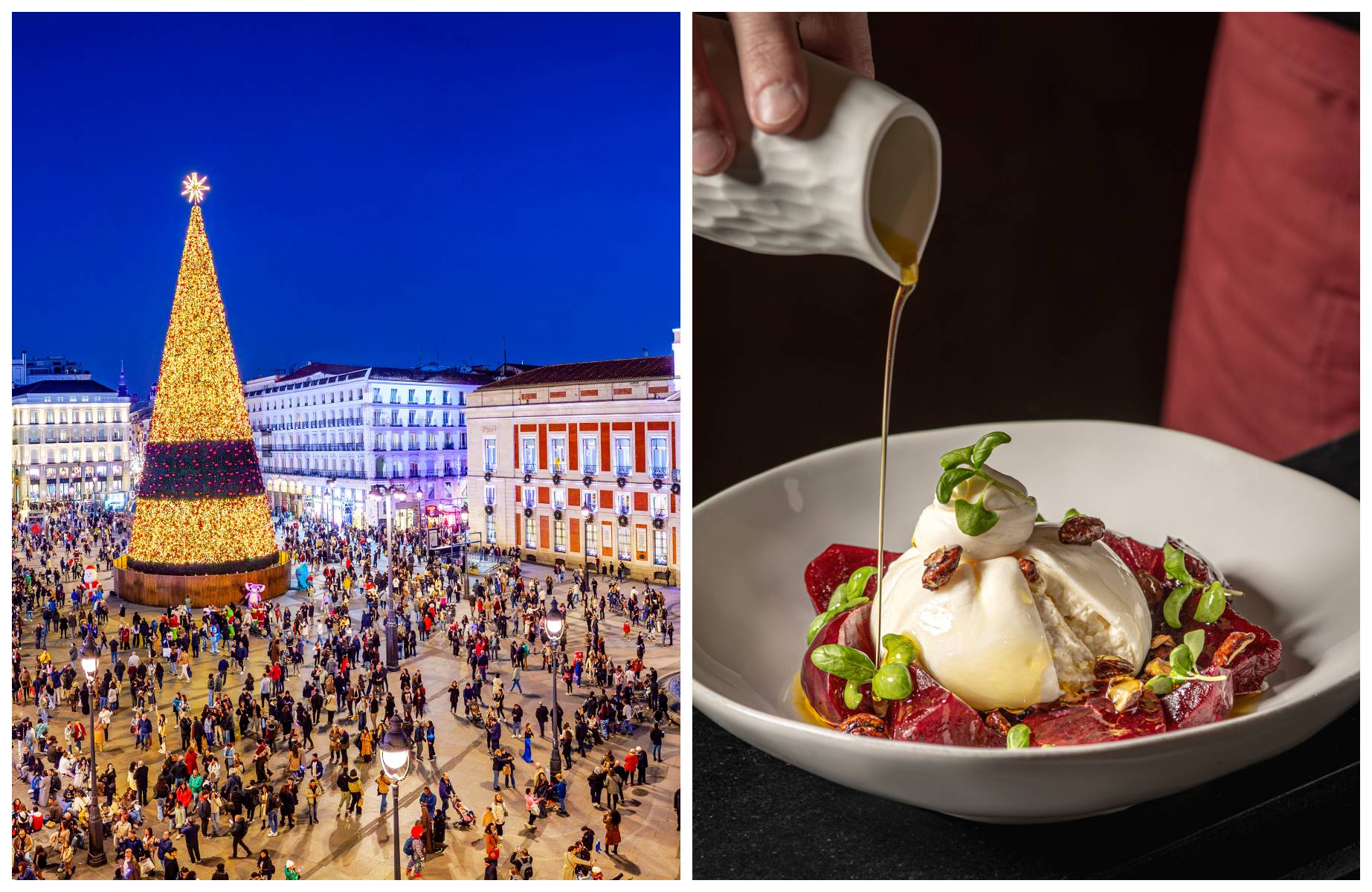 La Puerta del Sol, el kilómetro cero de Madrid, se vuelve aún más vibrante durante el período navideño; y, a pocos metros, aguardan los sabores de Ticuí, restaurante mexicano. © Izquierda: photooiasson/iStock / Derecha: Coke riera/Ticuí 