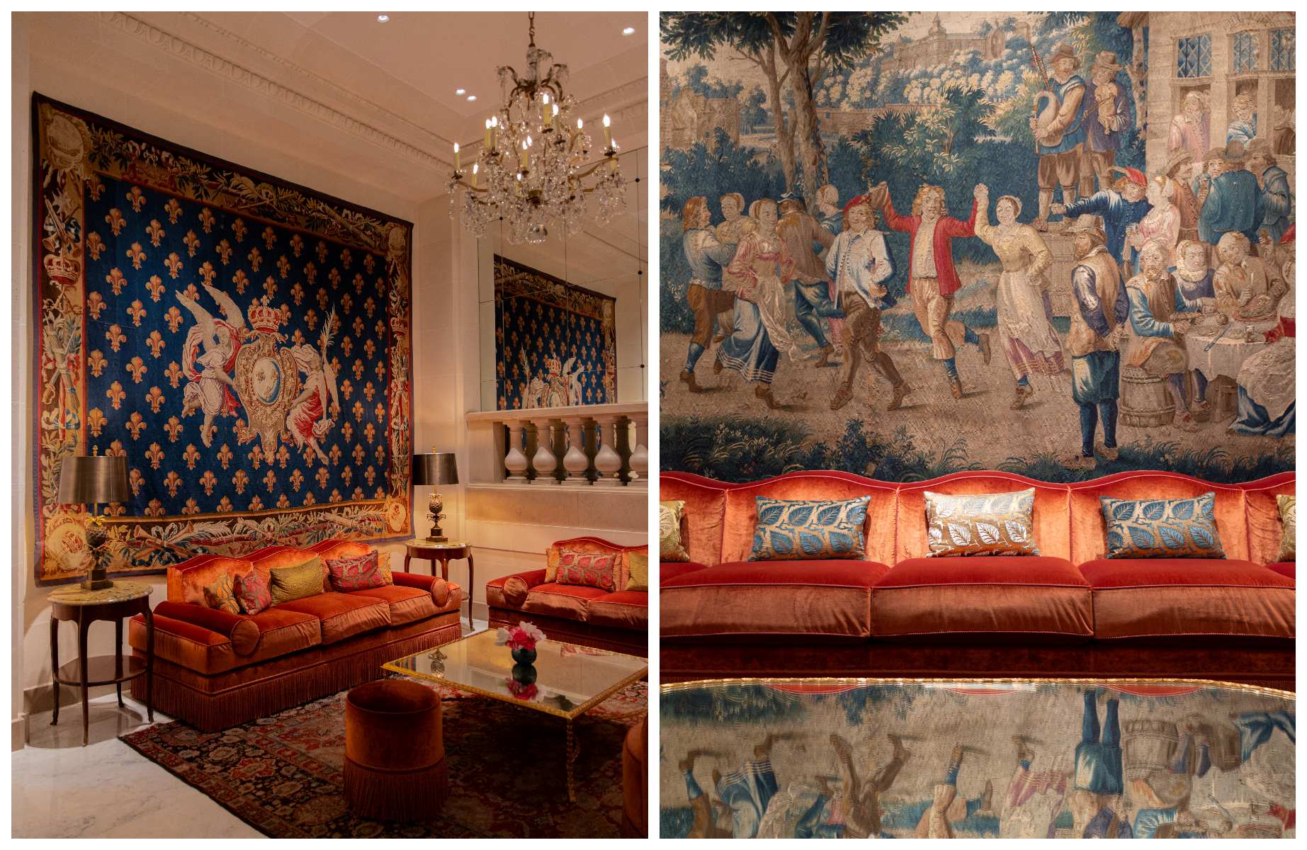 (Gauche) Lobby - ©Lucile Godet; (Droite) Livre Flammarion - 100 ans - Lobby ©Claire Cocano/Le Bristol Paris