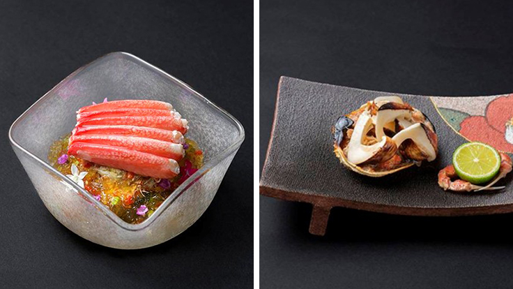 「炎水」鳥取県産セコガニの冷菜（左）と温菜（右）。ずわい蟹の時期にだけ供される一品 © 炎水