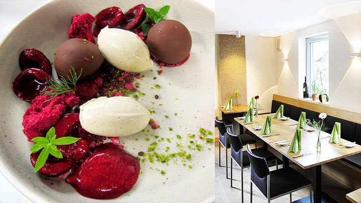 Ein feines Dessert und die freundlich-helle Gaststube im Vier Jahreszeiten Restaurant Imhof © Andreas Imhof