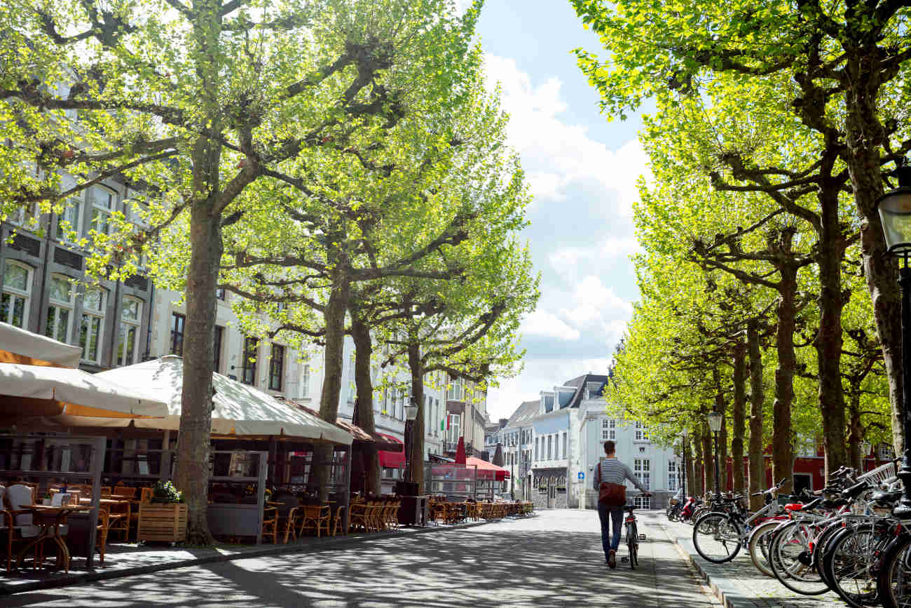 Een van de gezellige straten aan het Vrijthof, hartje Maastricht, tijdens de lente. © SerrNovik/iStock