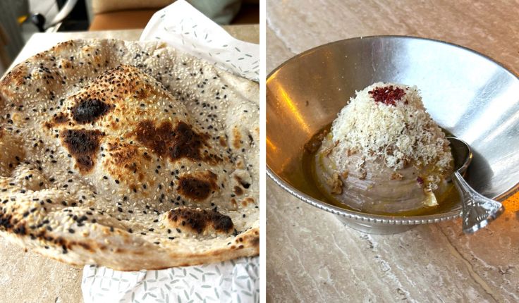 The perfect pair: crispy, yet soft taftoon bread with a creamy black chickpea hummus. © MICHELIN Guide