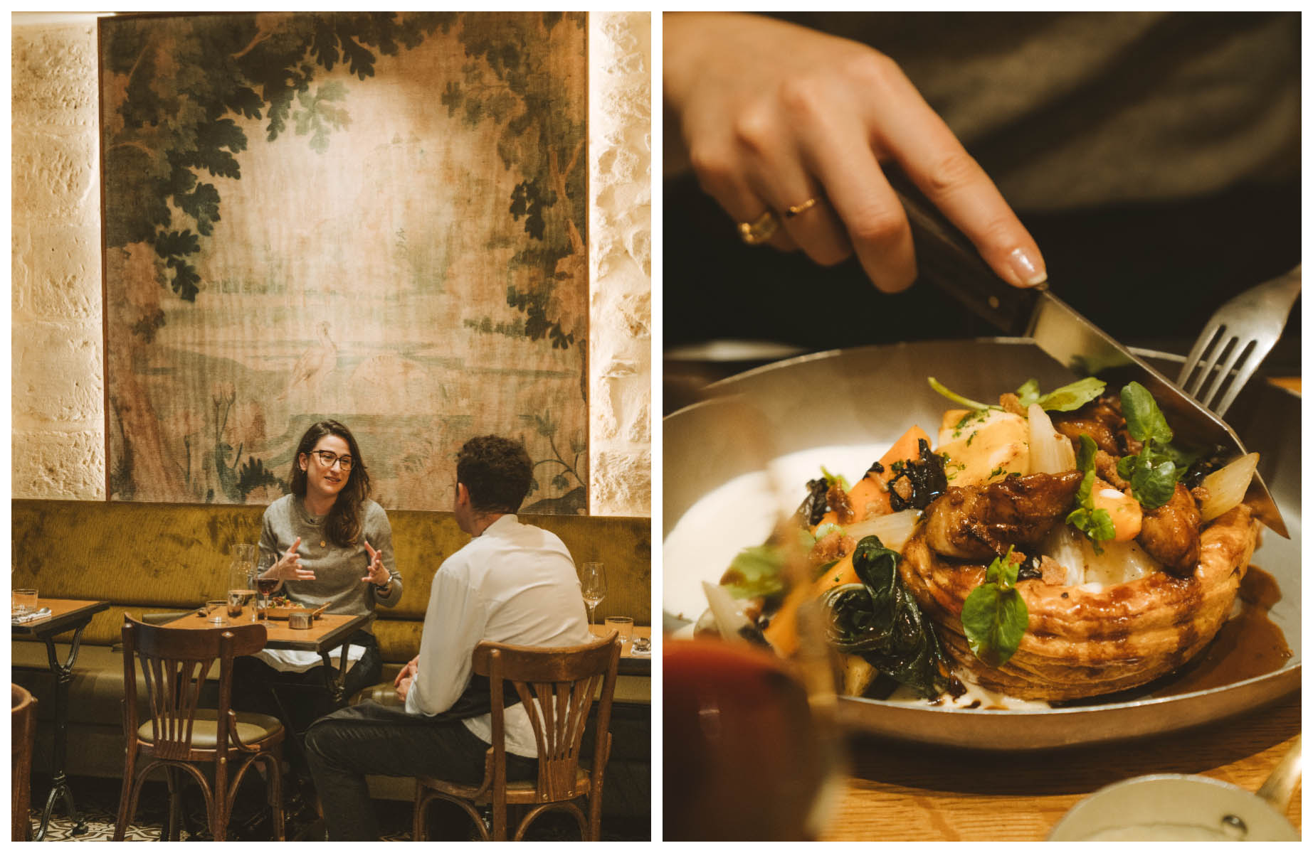 Inside Colvert restaurant with Lindsey and Chef Baptiste Borderie, and a dish of comforting vol-au-vent. © Joann Pai/The MICHELIN Guide