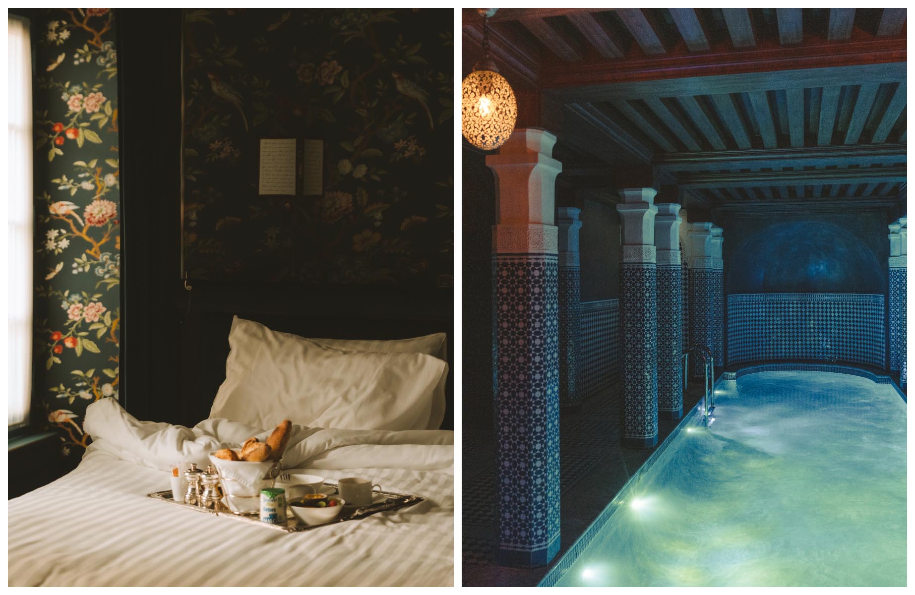 Inside one of the guest rooms and the privatisable spa at Maison Proust hotel. © Joann Pai/The MICHELIN Guide